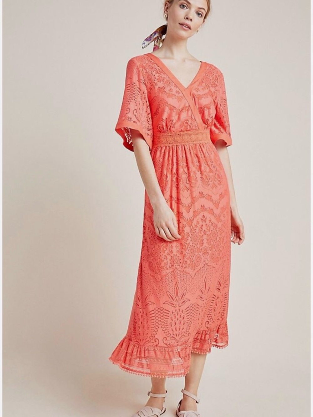 Anthropologie Coral Lace Midi Dress